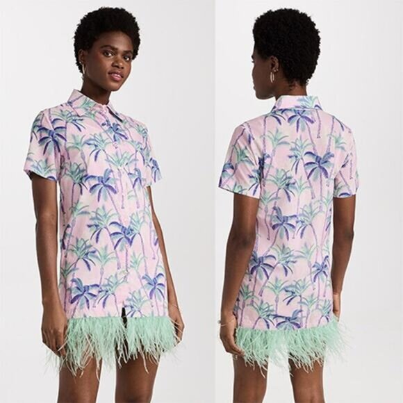 NEW Le Superbe Palms Camp Feather Fringe Dress in San Vicente Palms Pink